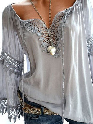 Autumn Spring  Cotton  Women  Tie Collar  Decorative Lace  Hollow Out Plain  Long Sleeve Blouses