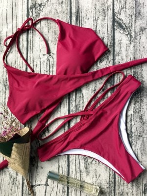 Biquíni Lados Transpassado Calcinha Com Tiras No Cós - Vermelho S