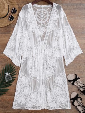 Kimono Envuelto Trasparente De Encaje Con Nudo Frontal - Blanco