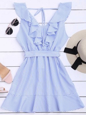 Vestido A Rayas Con Cinturón Con Faldas Fruncidas - Raya M