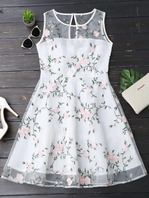 Vestido De Organza Sin Manga Con Parche Floral - Blanco M