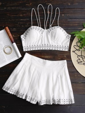 Conjunto De Short Bordado E Top Bustiê Com Enlaçado - Branco L