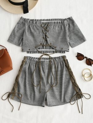 Conjunto De Short E Top Enlaçado Com Ombro Caído - Cinza Escuro L