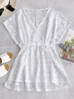 Drawstring Lace Cover-up Dress - Branco