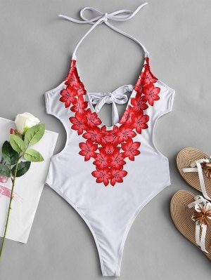 Floral Halter Monokini - Branco S