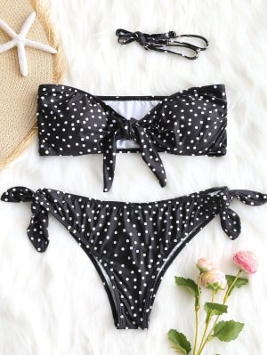 Conjunto De Biquíni De Bandeau Knotted Em Polka Dot - Preto S