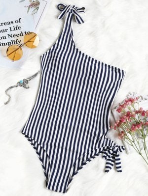 Tired Striped One Shoulder Swimwear - Listras M