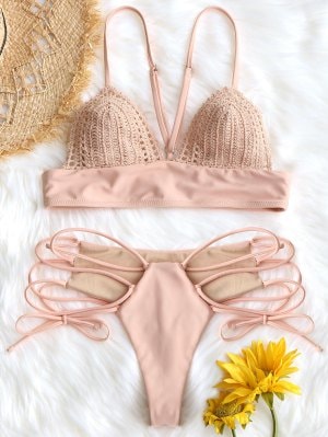 Bralette Crochet Panel Lace Up Bikini Set - Rosa S
