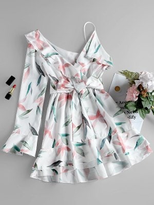 One Shoulder Leaf Print Vestido De Uma Linha - Branco S