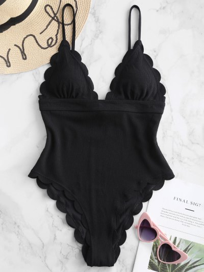 Fato De Banho Sem Costas Scalloped Ribbed ZAFUL - Preto M